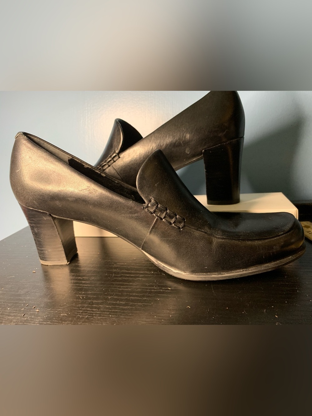 Franco Sarto Black Leather Block Heel Slip-On
